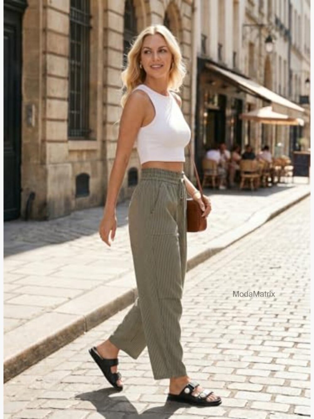 High Waisted Striped Barrel Casual Pants Drawstring Trousers - Picture 2 of 7